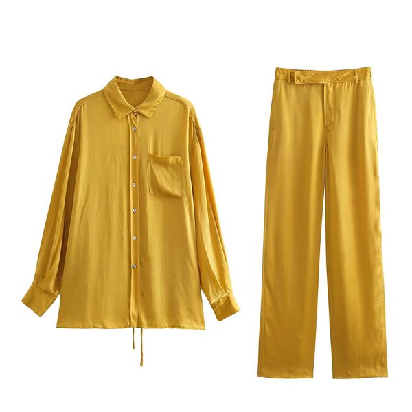 

women's two piece pants early autumn fashion femininity casual lapel long sleeve back tie design satin shirt high waist straight pants, White