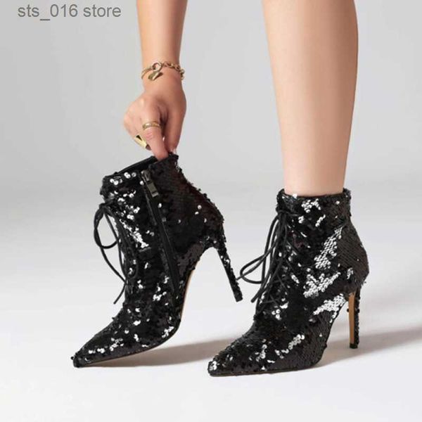 

boots 2023 women's new size 48 women's boots side zipper lace up women's high heel short boots fashion sequin party shoes t23, Black
