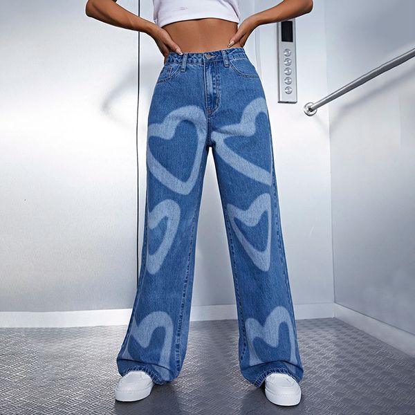 

women's jeans love print denim pants korean design clothing 2023 spring high waist patchwork loose casual straight elegant 230825, Blue