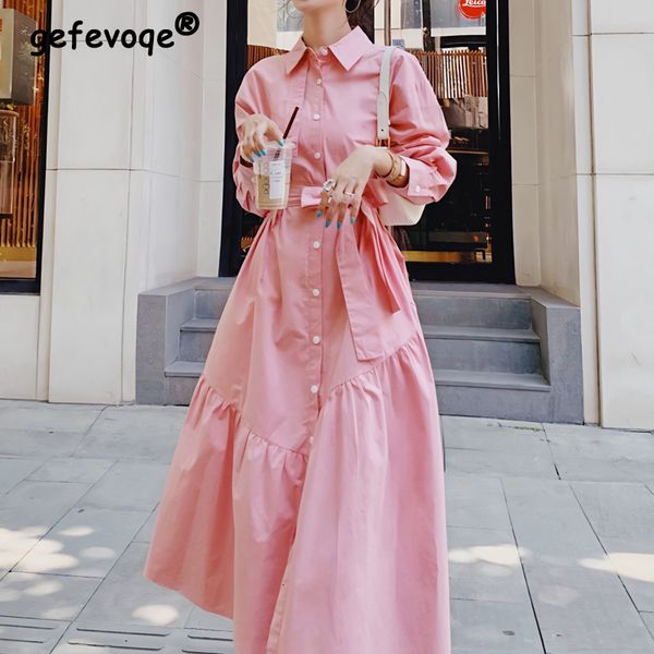 

basic casual dresse vintage lace up pink sweet chic single breasted shirt long dresses autumn trendy sleeve streetwear dress elegant robe 23, Black;gray