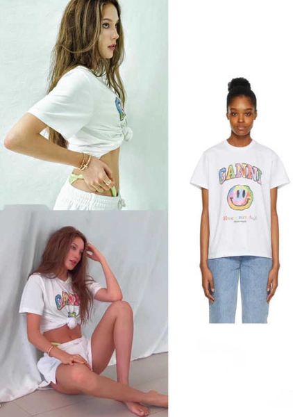

23ss ganni women designer t shirt fashion white rainbow smiling face printing pattern loose short-sleeved tees