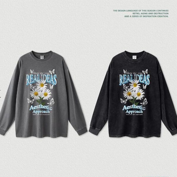 

wash long sleeved t shirts print round neck men women, Black;brown