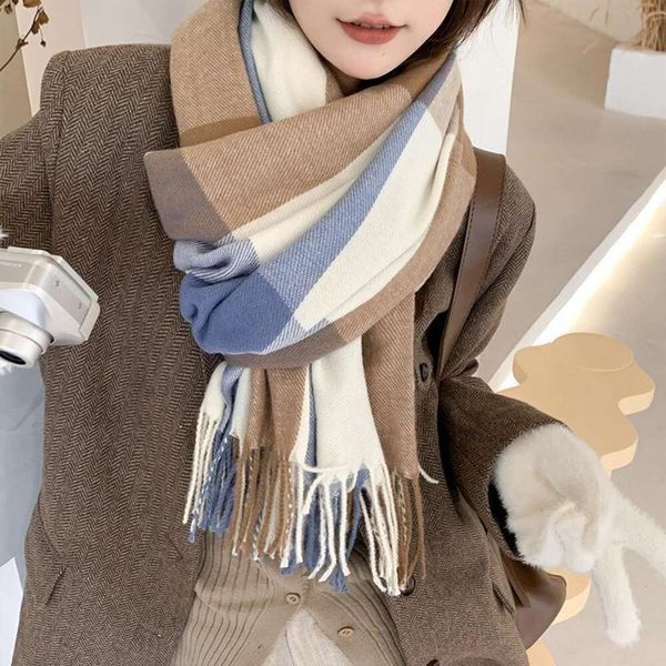 

winter scarf womens plaid imitation cashmere korean version of the all matching thick warm tasseled shawl, Blue;gray