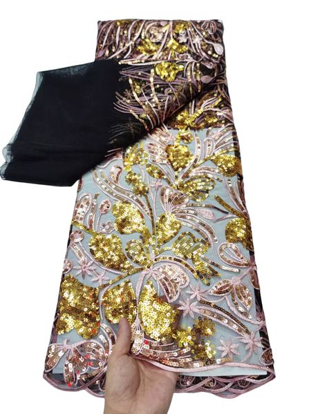 

5 yards lace fabric dresses with sequins women sewing textile wedding nigerian lady formal clothing dentelle evening party female garment 20, Black;white