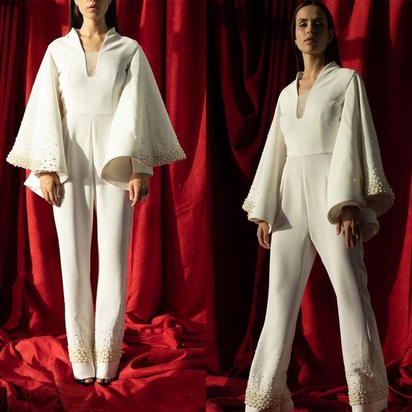 

satin sheath evening dresses jumpsuits pearls beading prom gowns puffy long sleeve ladies vestido de novia, Black;red