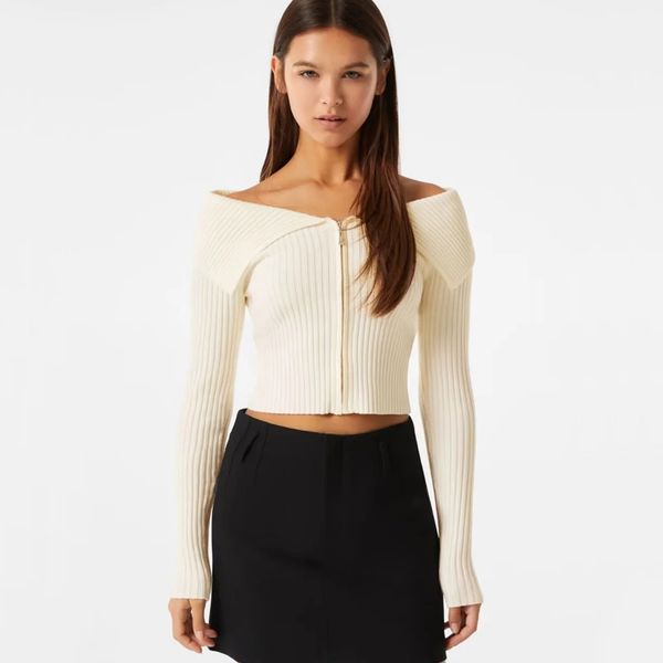 

women's knits tee zip through rib cardigan with collar 230824, White