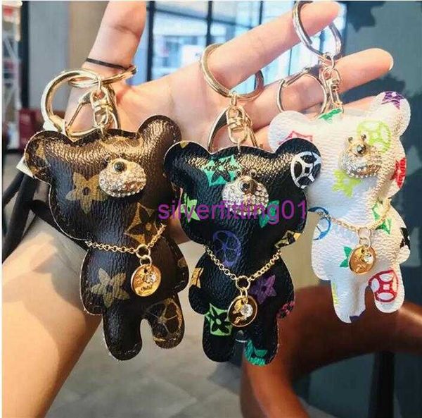 

bear design car keychains flower bag pendant charm keyring holder pu leather animal key chain, Silver