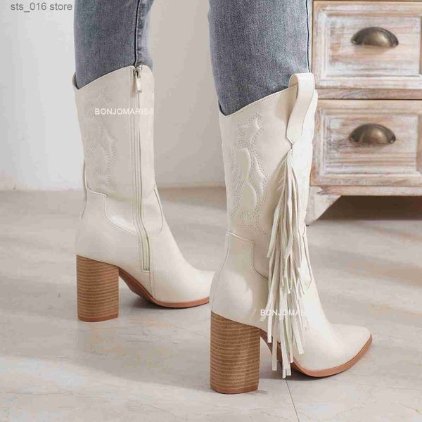 

boots bonjomarisa cowboy boots for women fringe western boots cowgirls pointed toe chunky high heeled shoes autumn vintage retro t230824, Black