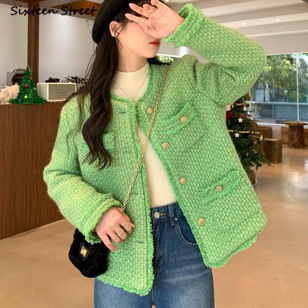 

women's wool blends vintage green tweed jacket women autumn golden button pocket elegant wool coat female korean business ol winter out, Black