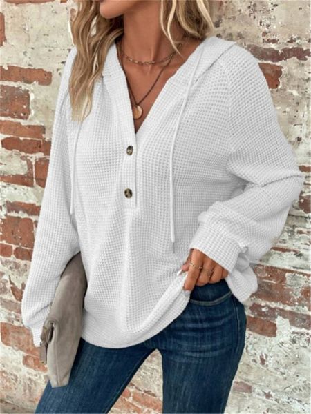 

women's hoodies waffle long sleeve button hoodie drawstring hooded top, Black