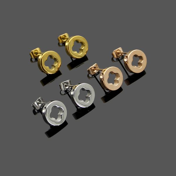

factory wholesale fashion v-shaped stainless steel ring hollow four-leaf flower ear buckle is not allergic and does not fade couples gifts., Golden;silver