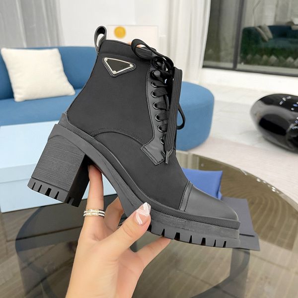 

triangle nylon canvans with leather ankle boots 2cm platform lace-up round toe .5cm high heels flat booties chunky boot luxury designer for, Black