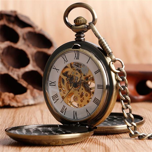 

luxury silver bronze golden pocket watch vintage skeleton hand winding mechanical watches double hunter case fob pendant chain205y, Slivery;golden