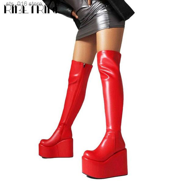 

boots over the knee high boots women thick wedges zipper platform shoes luxury elegant pink black stylish winter motorcycle boots t230824