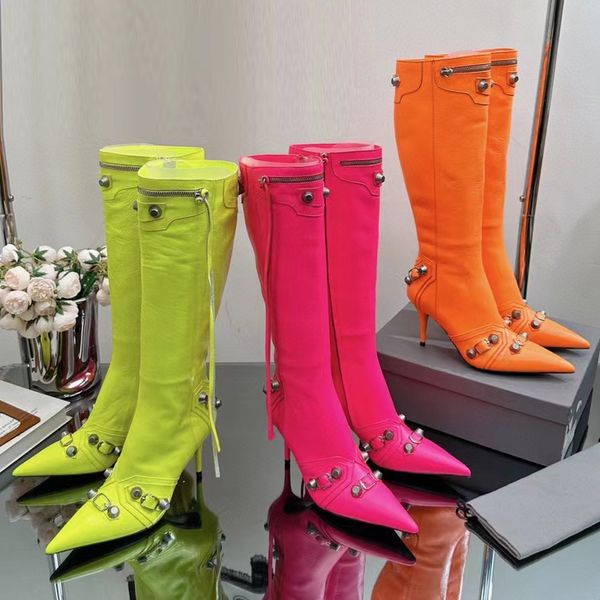 

cagole leather knee-high boots silver stud buckle embellished side zip shoes pointed toe stiletto heel tall boot luxury designers shoe for w, Black