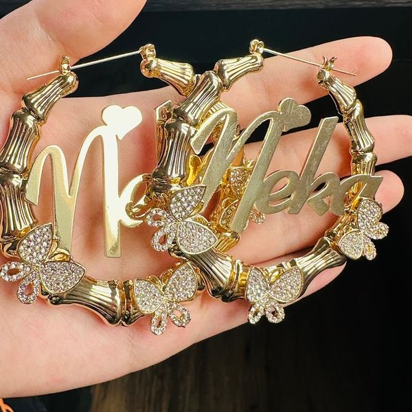 

hoop huggie customized diamond butterfly earrings bamboo name earring gold stainless steel personalized gift for women girls l230824, Golden;silver