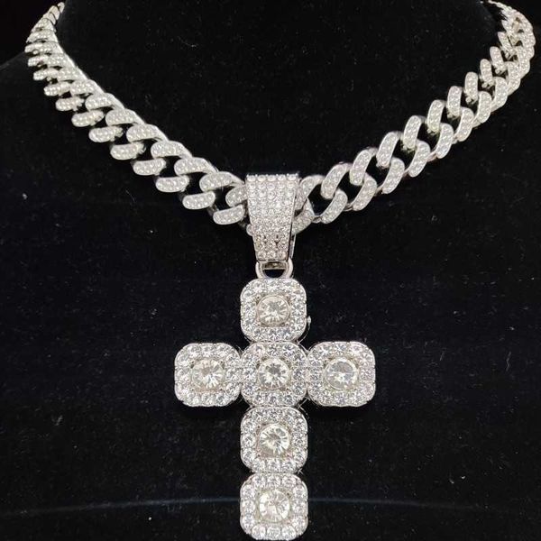 

pendant necklaces new men women hip hop square cross necklace with 13mm cuban chain hiphop iced out bling fashion charm jewelry 230613, Silver