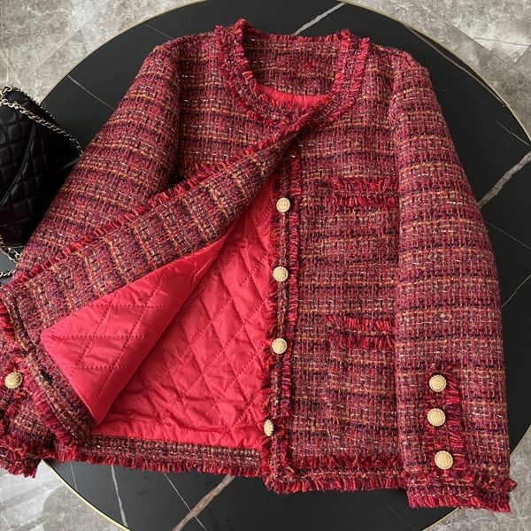 

women's wool blends runway korean brand chic luxury red tassels tweed jacket coats for women casacos small fragrance thick woolen outwe, Black