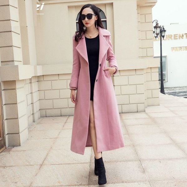 

womens wool blends autumn and winter pink woolen long slim fit thin coat over knee thick 230824, Black