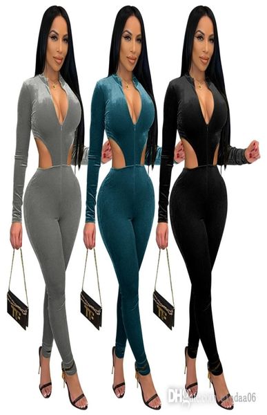 

designer women velvet one piece jumpsuits velour zipper hollow out rompers long sleeve and leggings bodysuit1426691, Black;white