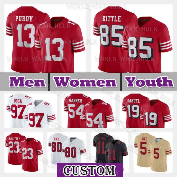

19 deebo samuel football jersey 13 brock purdy 49ers 23 christian mccaffrey niners 85 george kittle fred warner talanoa hufanga joe montana, Black;red