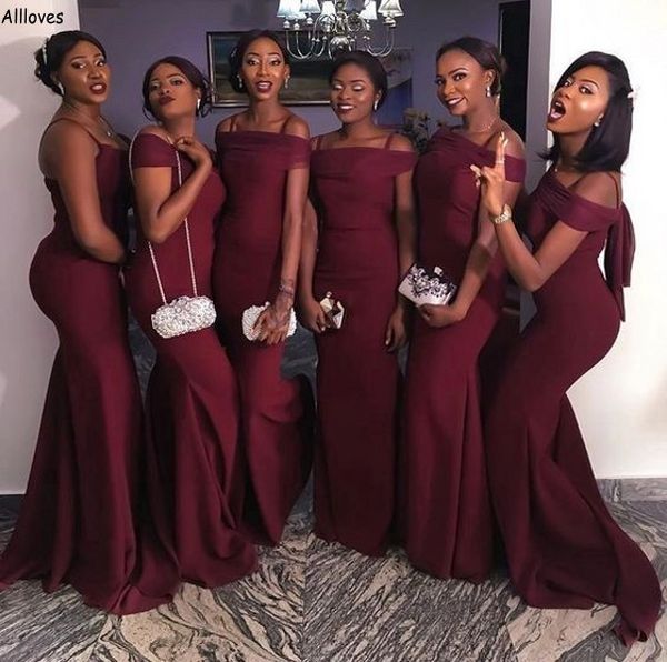 

south african burgundy mermaid bridesmaid dresses off the shoulder with straps maid of honor gowns plus size long train nigeria wedding gues, White;pink