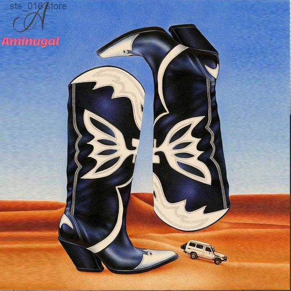 

boots aminugal cowboy cowgirl knee high long boots butterfly embroidered black white fairy chunky heel western boots 2023 brand new t230824