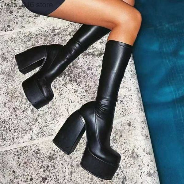 

boots pu leather over-the-knee boots women punk shoes platform high-heel boots chunky motorcycle black autumn mid-calf winter t230824
