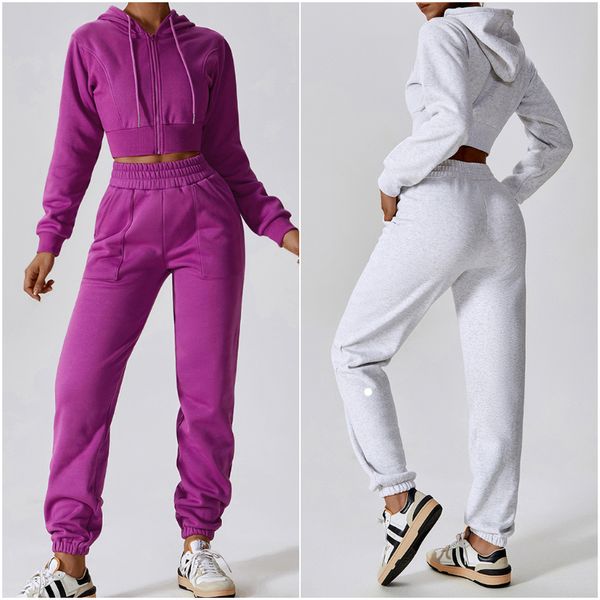 

ll womens yoga outfit hooded +trousers long sleeve jackets long pant excerise sport gym running trainer casual elastic sportwear hoodies