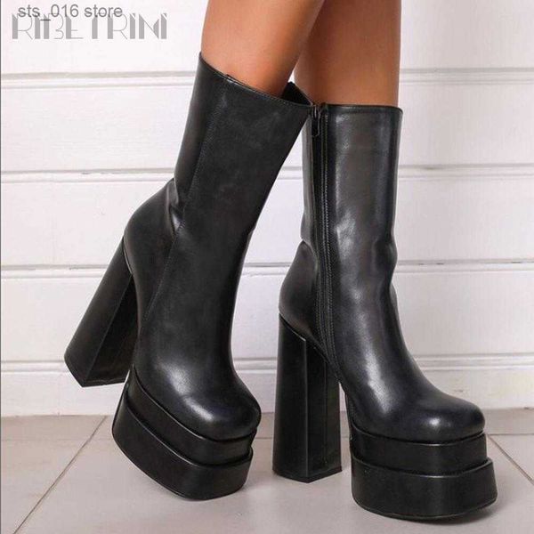 

boots ribetrini brand double platform women's boots zipper ankle booties high heels party dress vintage office woman shoes t230824, Black