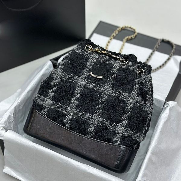 

vintage tweed wool knitting patchwork women designer hobo backpack bag plaid silver metal hardware aged gold and silver matelasse chain shou