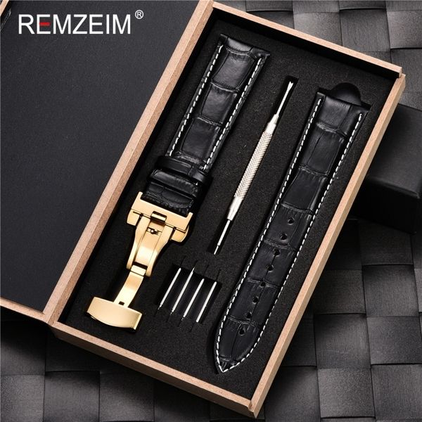 

watch bands remzeim men women replace 16 17 18 19 20 21 22 23 24mm genuine leather strap watch band with watchband box watch accessories 230, Black;brown