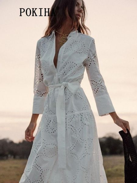 

basic casual dresses pokiha 2023 elegant embroidered women maxi dress chic lapel long sleeve high waist lace up fashion female solid vestido, Black;gray