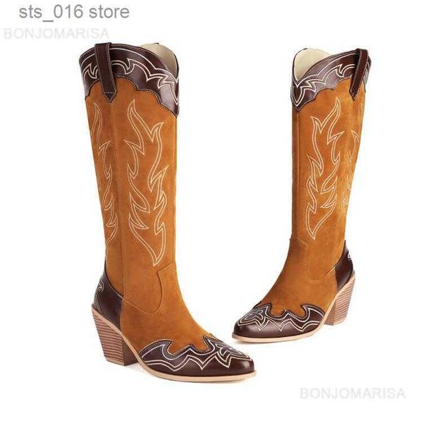 

boots bonjomarisa cowboy boots for women mixed color metallic bling sliver western boots block heel slip on 2023 autumn winter shoes t230824, Black