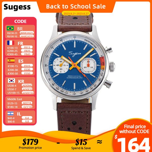 

wristwatches sugess watch mens 1963 pilot chronograph mechanical wristwatches seagull st19 movement swanneck sapphire crystal racing leather, Slivery;brown