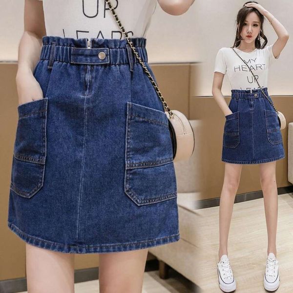 

cowboy skirt spring and summer large size slim elastic waist denim fat mm high word hip short women, Black