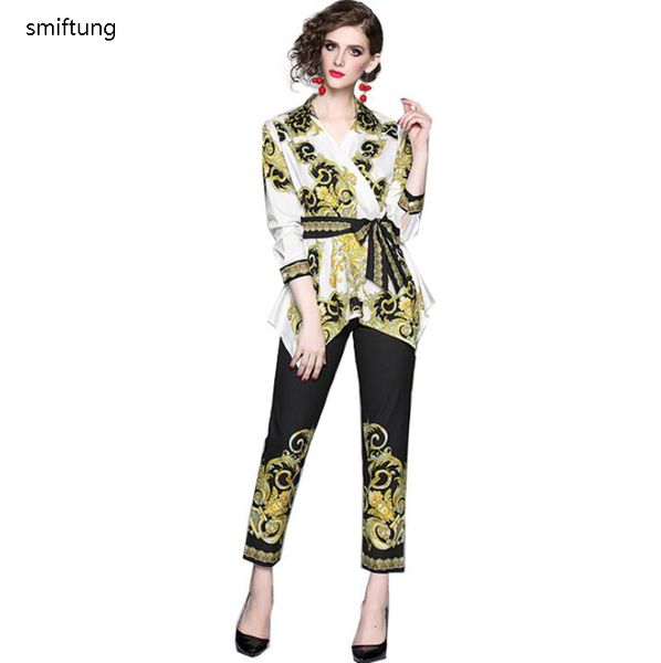 

women's two piece pants wholesale smiftung spring and autumn women's fashion suit yellow printing white and black trousers 230824