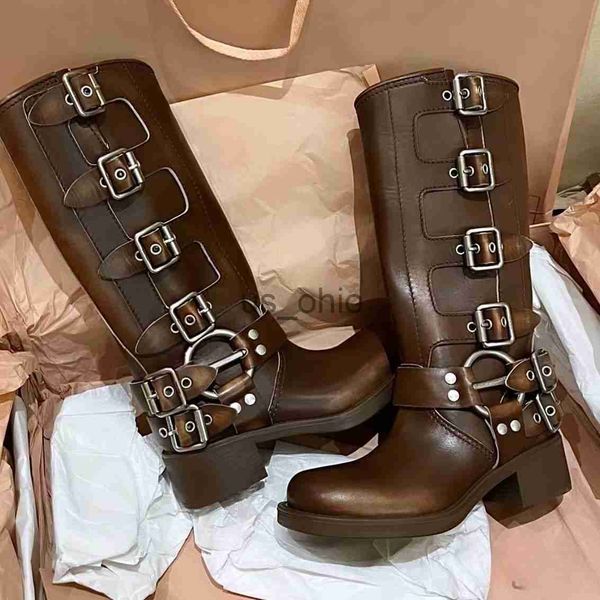 

boots harness belt buckled cowhide leather biker knee boots chunky heel zip knight boots fashion square toe ankle booties for women luxury d, Black