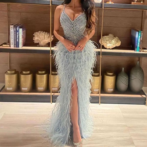 

luxury dubai blue feathers beads evening dresses spaghetti strap sleeveless arabic long women party prom dress, Black;red