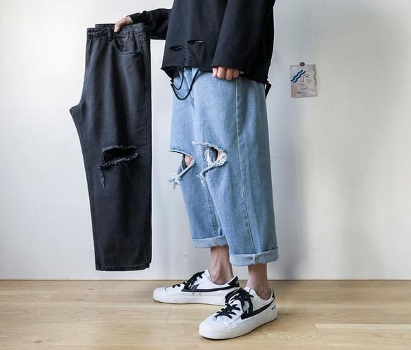 

new jeans hip hop blue ripped jeans 2020 male korean streetwear skinny denim pants male fashions high waist distressed men2066235
