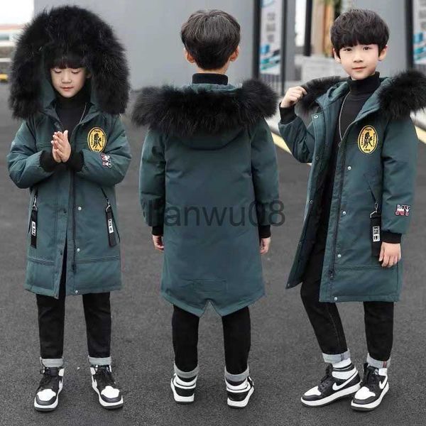 

down coat new winter thick hooded jacket boys fur collar parka snowsuit coats midlength warm cold protection down cotton clothes x0825, Blue;gray