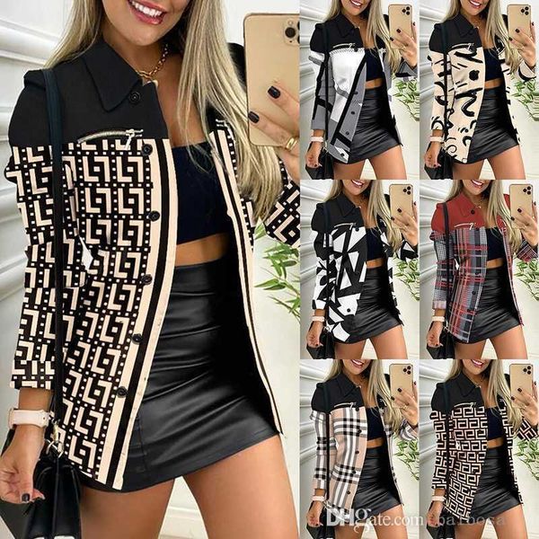 

women jackets designer 2023 autumn winter new long sleeve zipper colored print polo style commuter small coat 7 colours, Black;brown