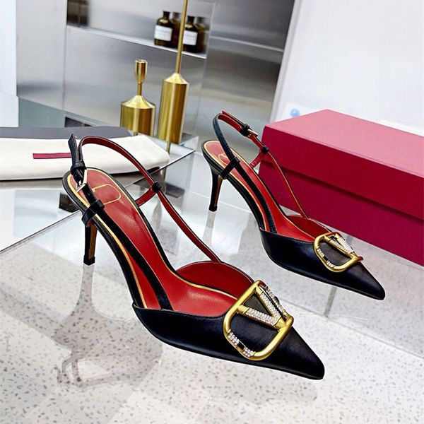 

luxurys women's sandals brand designer high heels metal buckle shoes 4cm 6cm 8cm 10cm thin heel pointed toe black nude red wedding shoe