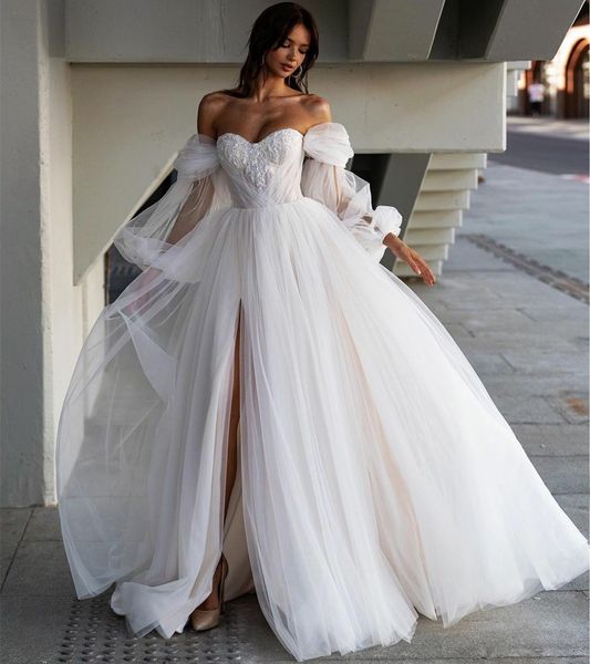 

vintage long off shoulder lace wedding dresses with sleeves a-line ivory tulle pleats buttons back sweep train bridal gowns vestido de novia, White