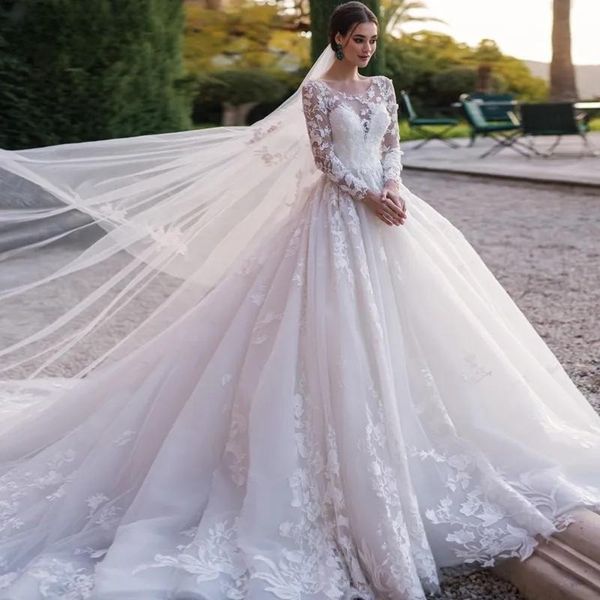 

gorgeous appliques lace chapel train ball gown wedding dress 2023 luxury scoop neck beaded long sleeve vintage bridal gown, White