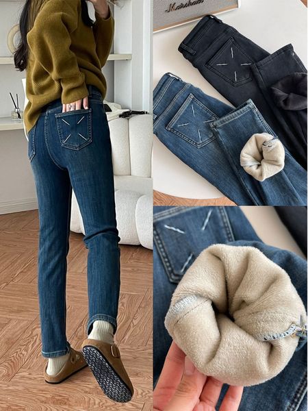 

women's jeans warm thick plush denim smoke pipe pants for women's slim high waisted elastic split cropped straight leg 230824, Blue
