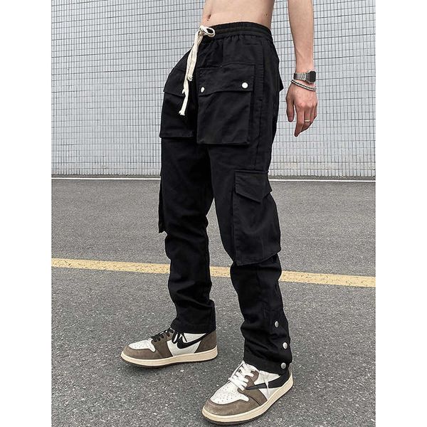 

high street black breasted casual pants mens american street vibe style loose straight functional tooling pants fashion