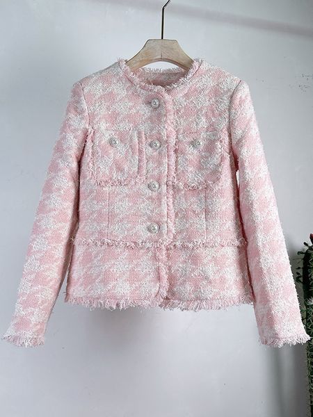 

women's wool blends vintage elegant pink woolen cardigan tweed jacket for women luxury houndstooth pocket design coats female casacos 2, Black