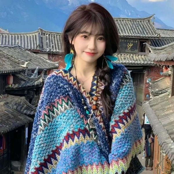 

item summer neckerchief ethnic style shawl female yunnan lijiang travel decoration with a long retro cloak scarf, Blue;gray