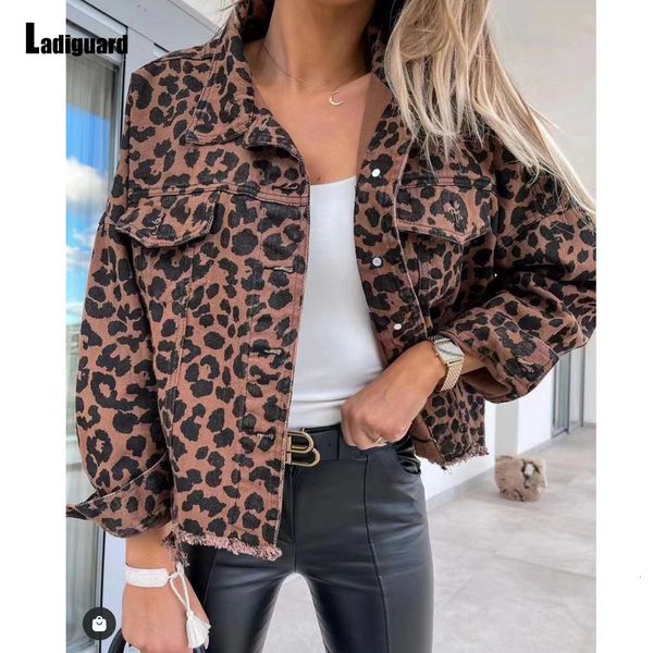 

women's jackets ladiguard ripped denim jacket for women leopard print jeans outwear girls streetwear single breasted demin jacket 23082, Black;brown